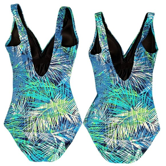 2 LL Bean One-Piece Swimsuit 8 Long Tropical Palm Slimming Shaping Surplice Tall - Picture 2 of 11